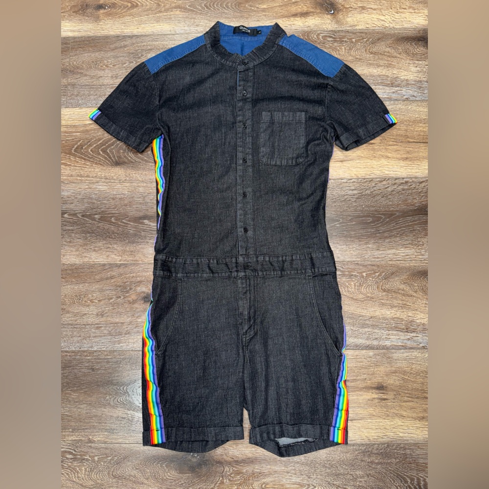 RARE 🌈 GLIMMS NEW YORK Mens Black Jean Romper Rainbow Stripe Sz Large LIKE NEE